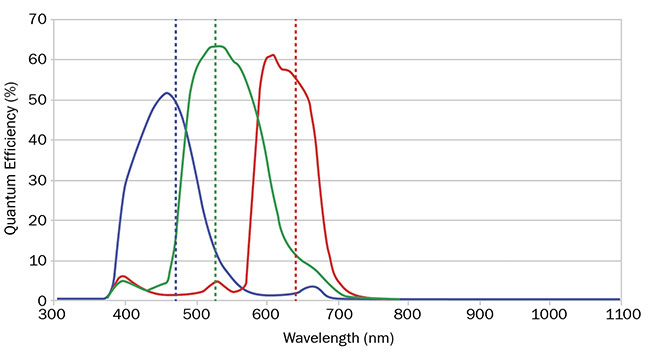 圖 3. RGB 相機(jī)的量子效率曲線顯示了紅色、綠色和藍(lán)色之間的重疊。 由愛特蒙特光學(xué)公司提供。