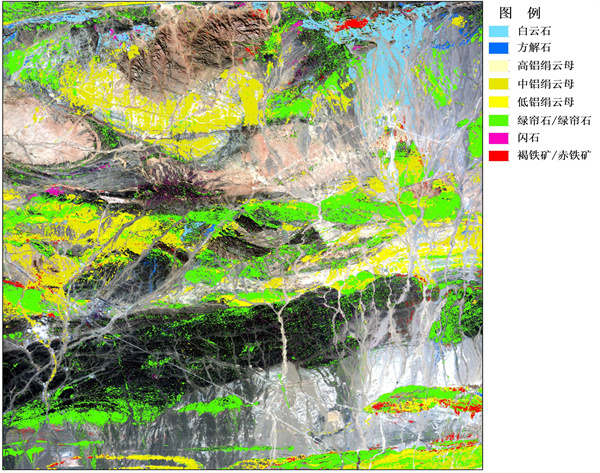 4 肅柳園地區(qū)高分五號(hào)高光譜礦物信息分布圖